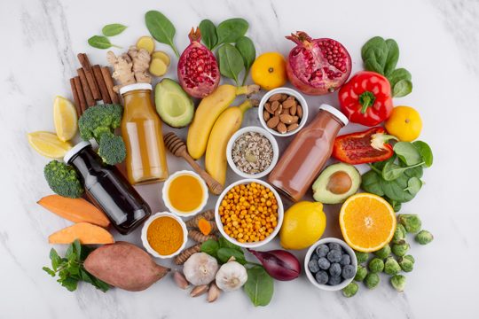 Flat lay of healthy immunity boosting foods