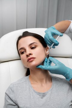 Doctor giving woman lip fillers high angle