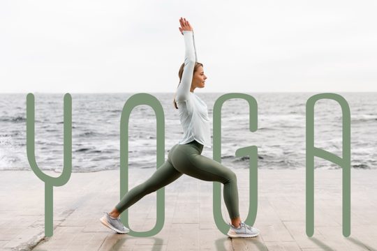 Side view woman doing yoga with wavy texts