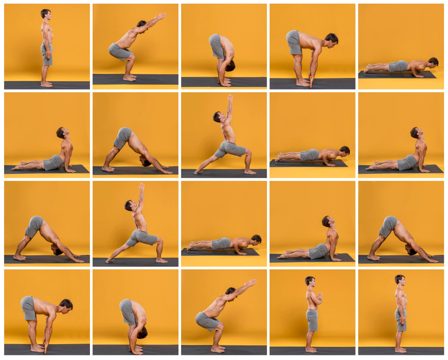 Young man doing yoga poses collage