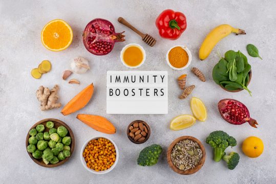 Top view of immunity boosting food for healthy lifestyle